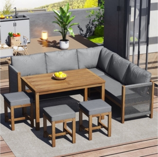Merax Garten-Essgruppe mit Akazierahmen und Seilgeflecht, (7-tlg, 2 Bänke, 1 Eckbank, 3 Hocker, 1 Esstisch), Gartenmöbel Set mit Kissen, Ecksofa, Polyrattan Lounge, Balkonset