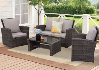 MeXo Gartenlounge-Set Balkonmöbel Set für 4 Personen, (Poly Rattan Gartenmöbel Set, 4-tlg, Lounge-Sets mit 2-Sitzer Sofa, 2 Sessel und Tisch mit Stauraum), wetterfeste Terrassenmöbel Set für kleiner Balkon