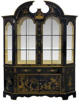 Casa Padrino Luxus Barock Vitrine im chinesischen Stil Schwarz / Gold - Handgefertigter Barock Vitrinenschrank mit 4 Türen und 3 Schubladen - Barock Möbel - Edel & Prunkvoll