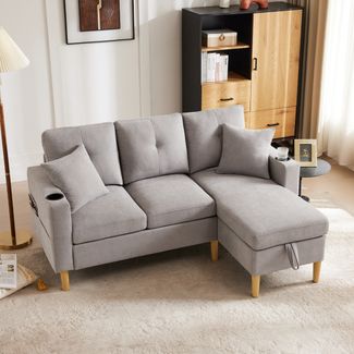 L-förmiges Sofa mit Stauraum & Getränkehalter, Baumwoll-Leinen, hellgrau, 175x129x90 cm
