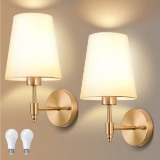 Jibenhome LED Wandleuchte Stoff Kabellose Wandleuchten,Retro Gold Wandlampen mit 1 Glühbirnen, LED wechselbar, Stoff Wandbeleuchtung E26/E27,für Wohnzimmer, Waschtisch, Badezimmer