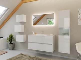 Badmöbel Set Taifun 4tlg. 100 cm mit LED Spiegel, 3er Boxen & Hochschrank weiß : Weiss hochglanz