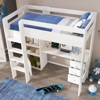 Hochbett Loftbett mit Schreibtisch, USB-C, Aktenschrank, Schubladen