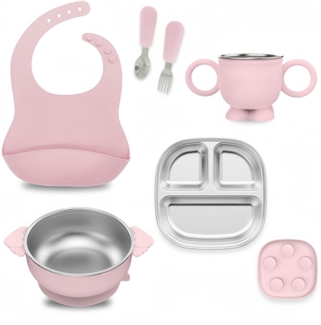 Kindergeschirr-Set, bruchsicherer, abnehmbarer Teller aus Edelstahl 304 mit Saugnapf, rosa.