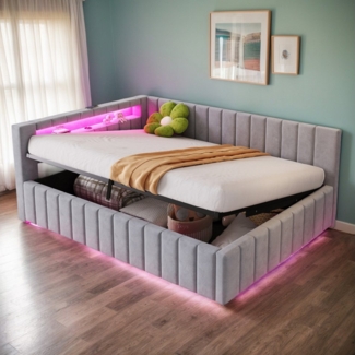 REDOM Polsterbett Schlafsofa Kinderbett Funktionsbett (mit hydraulischem Stauraum, LED-Beleuchtung & USB-Anschluss – Gepolstertes, 140x200 cm), Ohne Matratze
