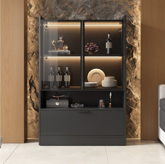Merax Standvitrine Matt Glasvitrine mit LED-Beleuchtung und Stauraum (1-St, Standregal Schrank Vitrine) Wohnzimmerschrank mit Glastüren und Klapptür, H:120cm