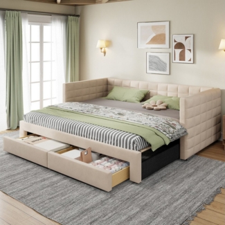Flieks Daybett, Polsterbett Schlafsofa mit Ausziehbett 90/180x190 cm mit 2 Schubladen