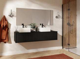 Vente-unique - Hängendes Badmöbel mit Rillenstruktur & Doppelwaschtisch - Schwarz - 150 cm - ARNEGA
