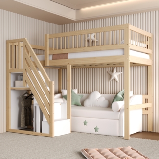 Massivholzbett, Treppe mit Aufbewahrungsschrank Kinderbett Jugendbett Einzelbett Massivholzrahmen hohe Ausführung, Holz, Holzfarbe, 90 x 200 cm