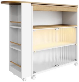 i@home Bartisch Moderner Beweglicher Bar Table, Stehtisch, Bistrotisch, Hochtisch (138-204×39×105cm, Bis 60 kg belastbar), Teleskopischer Bartisch mit LED, 2 Türen, drehbar, Weiß