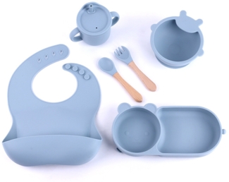 Staubblaues 6-teiliges Silikon-Geschirrset für Kinder, bestehend aus Babynahrungsschale, Teller, Strohhalm und Becher.