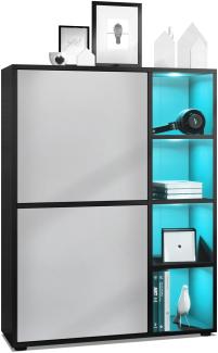 Highboard Schrank Anrichte Cuba mit 8 Fächern, Korpus in Schwarz matt / Fronten in Hellgrau seidenmatt, mit RGB LED Beleuchtung