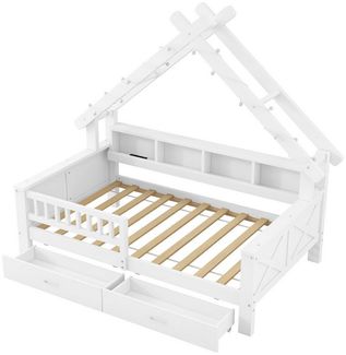 MODFU Kinderbett für Kinderzimmer & Schlafzimmer (Kinder-Hausbett mit LED-Licht & Stauraum – stabiles Plattformbett mit Schutzgitter, Schubladen und Regalen, 1-tlg, 205 x 97 x 179)
