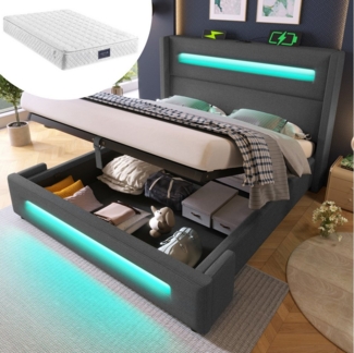 HAUSS SPOLE Polsterbett 160x200cm mit LED, hydraulischem Stauraum, USB Type-C Aufladen, Grau (Jugendbett, Struraumbett, Funktionsbett, 160x200 cm, mit Matratze (H25cm), Grau), mit LED und USB Type-C Aufladen