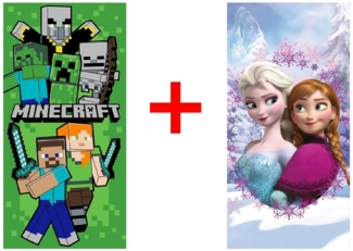 Jerry Fabrics Strandtücher Minecraft + Frozen Anna Elsa Strandtuch Handtuch 70x140cm 2er-Set, Frottee (2-St)