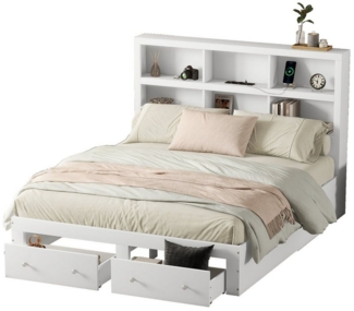 Ulife Massivholzbett Doppelbett Kingsize mit USB-Anschluss, Kopfteil mit Stauraum, mit Bettkasten,160x200 cm