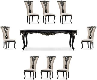 Casa Padrino Luxus Barock Esszimmer Set Creme / Schwarz / Gold - 1 Barock Esstisch & 8 Barock Esszimmerstühle - Luxus Esszimmer Möbel im Barockstil - Prunkvolle Barock Esszimmer Möbel