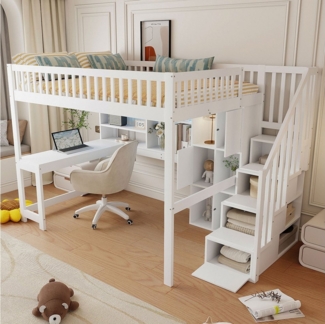 MODFU Kinderbett mit Stauraumleiter & Schreibtisch (Hochbett Holzbett mit LED-Licht, 140x200 cm), ohne Matratze