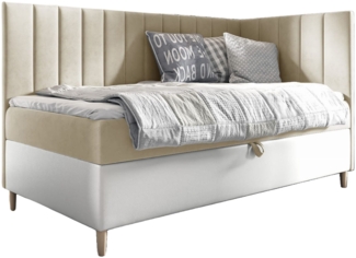 MEBLINI Kinderbett mit Bettkasten MAYA 3 90x200 Rechts - H3/Beige Samt Gepolstert Einzelbett mit Matratze - Polsterbett mit Stauraum - Bett mit Kopfteil – Stauraumbett