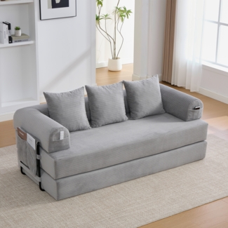 Flieks 2-Sitzer Sofa, Schlafsofa Zusammenlegbares Kompressionssofa mit robustem Metallrahmen, Seitentaschen plus 3 Kissen, Hellgrau