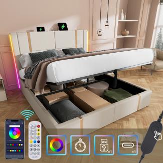 Merax Polsterbett Doppelbett USB Type C Ladefunktion APP-Control LED 180×200 Stauraumbetten Bettgestell, Lattenrost aus Holz,Beige Leinenmaterial (Ohne Matratze)