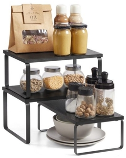 Gewürzregal, 3er Set Küchen-Organizer, Küchenregal, stapelbar, erweiterbar, Metall und Holzspanplatte, grau-schwarz