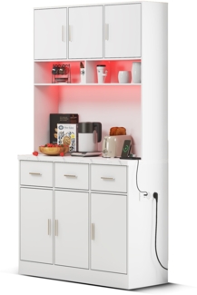 Merax 100x40x180cm, multifunktionales Buffet mit LED-Beleuchtung mit Fernbedienung, Schubladen, verstellbaren Einlegeböden, Kabelführungslöchern und Steckdosen, ideal für Küchen und Esszimmer, weiß