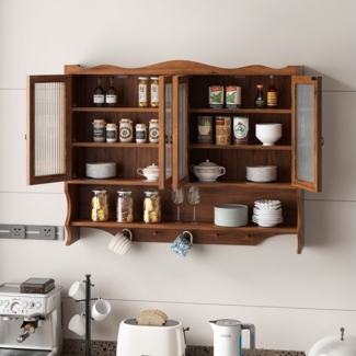 STILVORA Hängeschrank mit Glastüren&Haken,Wandschrank Badezimmerschrank mit Stauraum (100 cm Retro 4-Türiger Wandregal mit Offenem Hakenrack, Robustes Design aus Holz und Glas, 35 kg Tragkraft)