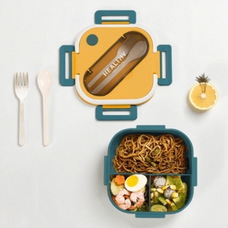 HT Lunchbox Lunch-Behälter (3 Fächer), Auslaufsicher & BPA-frei-mit Besteck, für Kinder und Erwachsene Brotdose mit Fächern