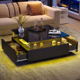Couchtisch, Hochglanz, mit LED-Beleuchtung, 2 Schubladen & transparentem Display, 70x70x41 cm, Schwarz