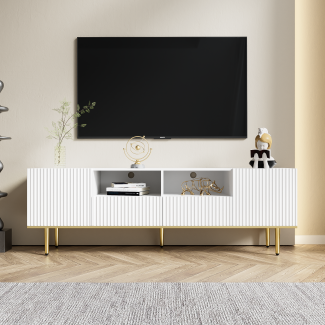 Merax Moderner TV-Schrank, TV-Möbel mit goldenen Füßen und goldenem Rand, Weiß