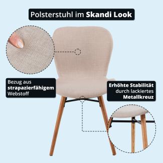 KHG Esszimmerstuhl Polsterstuhl Küchenstuhl Skandi Look Beige - Stuhlbeine Holz Eiche Massiv geölt - BHT 47 x 82 x 53 cm - 110 kg max. Belastbarkeit - ideal für Küche Büro Wohnzimmer