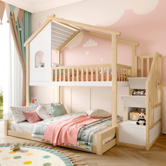 Etagenbett mit 2 Schlafgelegenheiten, Treppe, Rausfallschutz und Stauraum, 90x200cm/140x200cm, Kinderbett, Kiefer