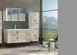 Homeline Badmöbel-Set 90 cm Badmöbel set Hochglanz Weiß Beige / Marmor Optik badmöbel