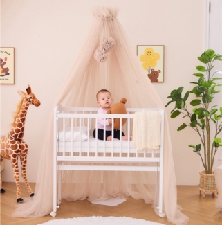 Alavya Home® Beistellbett LEROY 2 in1 Babybett Unser TOPSELLER, 6-tlg, SET Betthimmel mit 2 Bommeln + Matratze + Himmelstange aus Buchenholz