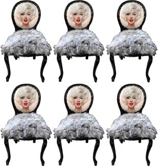 Casa Padrino Luxus Barock Esszimmerstuhl Set Marilyn Monroe Grau / Schwarz 50 x 60 x H. 104 cm - Handgefertigte Pop Art Designer Stühle mit Kunstfell - Barock Esszimmer Möbel