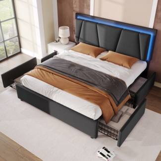 Merax Doppelbett 140x200cm Polsterbett mit LED-Beleuchtung und 4 Schubladen, Höhenverstellbarem Kopfteil, Lattenrost aus Holz, Grau