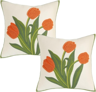Kissenbezug 45x45 Frühling Baumwolle 2er Set, Kissenbezüge Floral Frühling Deko Dekokissen Kissenhüllen Rosa Boho Zierkissenbezüge Kissen Tulpe Sofakissen Kissenbezug für Heimdekoration (Orange)