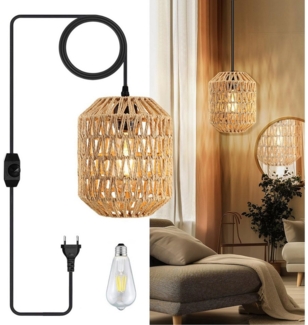 SERBASIC Pendelleuchte Dimmbar Boho Rattan hängelampe mit Stecker für Schlafzimmer Balkon, Indoor Pendelleuchte Esstisch mit 4.5M Kabel