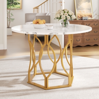 Merax Runder Esstisch (100×100×76cm), Küchentisch, Runder Kaffeetisch für 4, MDF marmorierte Tischplatte, goldene Beine