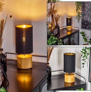 hofstein Tischleuchte »Coletta« Nachttischlampe aus Holz/Stoff in Natur/Schwarz/Goldfarben, ohne Leuchtmittel, Tischlampe, E14, Ø12cm, Leucht m. An-/Ausschalter