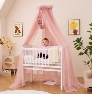 Alavya Home® Beistellbett LEROY 2 in1 Babybett Unser TOPSELLER, 6-tlg, SET Betthimmel mit 2 Bommeln + Matratze + Himmelstange aus Buchenholz