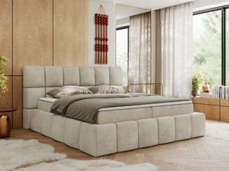 Boxspringbett mit dekorativem Kopfteil, Doppelbett mit zwei 7 Härtezonen Multipocket-Matratzen, Bettkästen, Polsterbett - NIRA - 160x200 cm - Beige Velours - H3