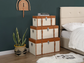 Vente-unique - Koffer zur Aufbewahrung 3er-Set - Tannenholz und MDF - Bezug aus Kunstleder und Stoff - 3 Größen - Braun und Taupe - JACINTO