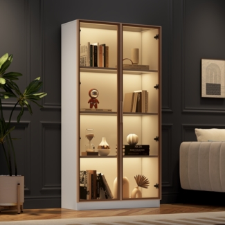 Vitrine schrank 80×40×160 cm mit LED-Beleuchtung, modernes Design in Weiß mit braunem Glas und 3 Regalböden