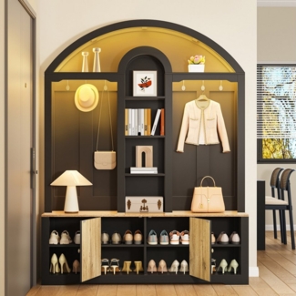 Merax Garderoben-Set Garderobenschrank mit LED-Beleuchtung und geschwungenem Design, (Flur- & Kleiderschrank im skandinavischen Weiß/Schwarz-Holz-Look, 1-St, 150 L x40 B x 195 H(cm), Möbelset mit Mittelablagen, Doppeltüren, Schuhregal & Metallhaken