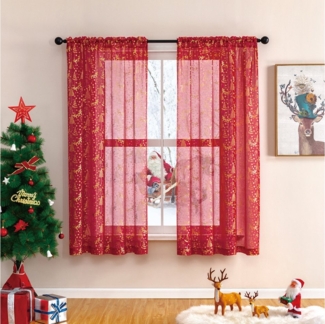 BTTO V&G Gardine Voile Gardinen Weihnachten Vorhänge Transparent Wohnzimmer,2er Set (2 St), halbtransparent, Stangentasche,luxuriöser Goldfolien Druck,Weihnachtsdeko