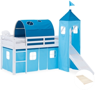 Hochbett Kinder 90x200 cm mit Lattenrost Rutsche Kinderbett Stockbett Vorhang Tunnel Turm Blau