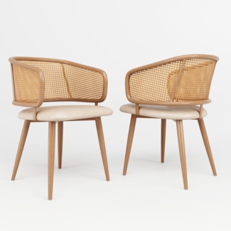 Merax Esszimmerstuhl (Set, 2 St), 2er Set Polsterstühle mit Rattan-Rückenlehne, Sitzkissen aus PU-Leder, bequem und atmungsaktiv, beige
