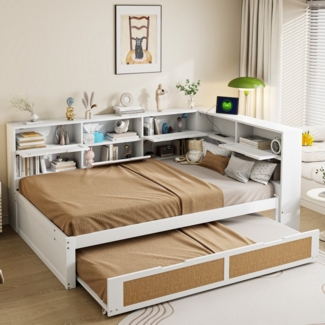 REDOM Stauraumbett Multifunktionales Schlafsofa Daybett Tagesbett Kinderbett (mit Ausziehbett, Stauraum & USB-Ladeanschluss – Modernes Einzelbett für Kinderzimmer & Gästezimmer in Weiß – Massivholzrahmen & Rattan-Design, Multifunktionales Holz Schlafso...